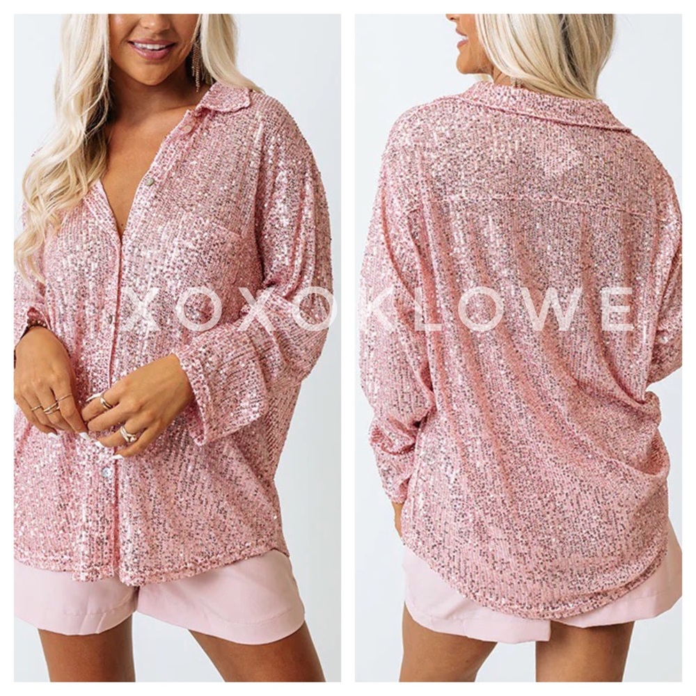 LAST 1 POL Pink Sequin Princess Button Down Shirt Blouse